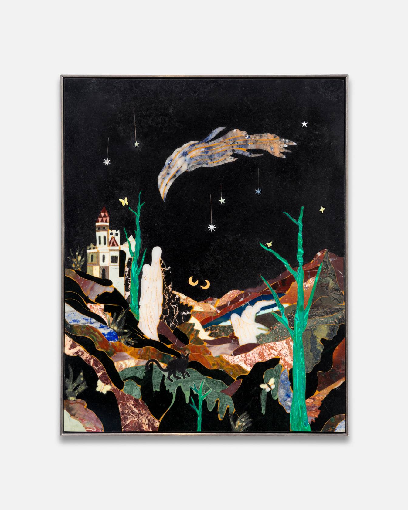 seraphim at the heart of an unlikely combination of spectacular atmospheric phenomena and synchronicities as the world enters into resonance, Hard stone marquetry (agate, amethyst, malachite, quartz, etc.) on black marble base. Mounted in custom-made steel frame. AV-2026-U-779 35 cm x 28 cm