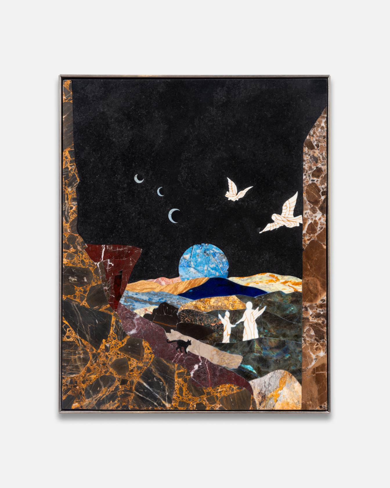 seraphim on one of the moons as the world enters into even greater resonance, Hard stone marquetry (agate, amethyst, malachite, quartz, etc.) on black marble base. Mounted in custom-made steel frame. AV-2026-U-781 35 cm x 28 cm