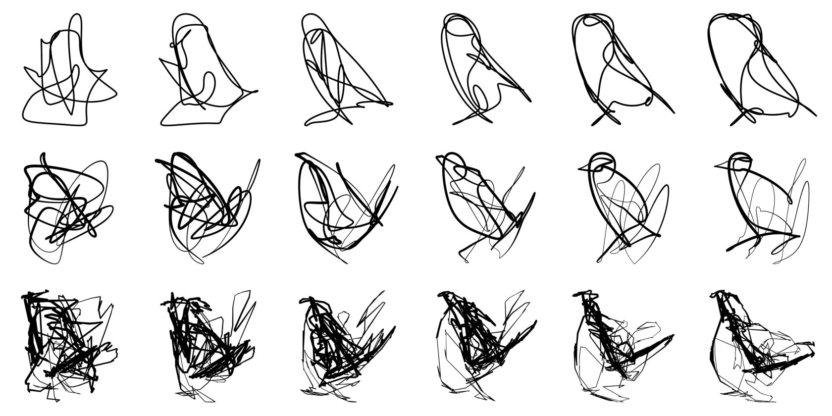 Learning to draw a bird, with different stroke parameters per row. Each subsequent column is a later generation of the same prompt.
