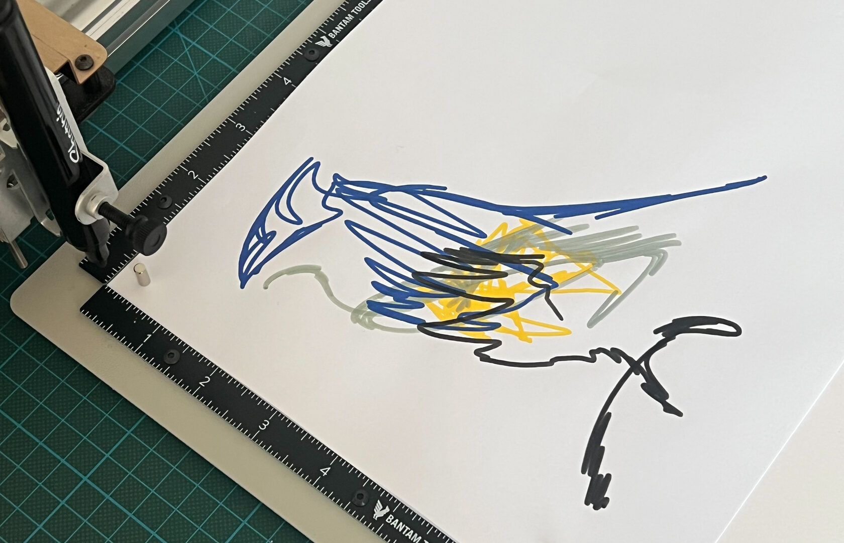 The implicit neural representation (SIREN) encodes the drawing as a series of pen plotter gestures, layered by pen colour.